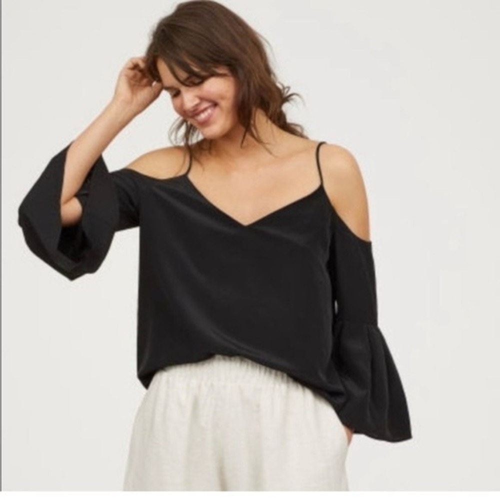 H&M‎ Black Camisole Bell Sleeve Cold Shoulder Top Minimalist Whimsical